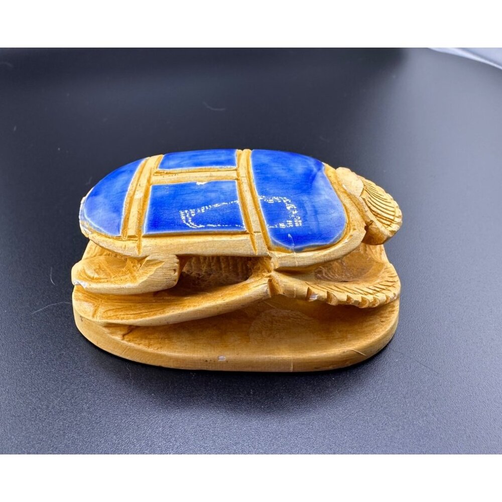 Egyptian Blue Sand Scarab Beetle Statue‎ Heiroglyphics on bottom REPAIRED READ